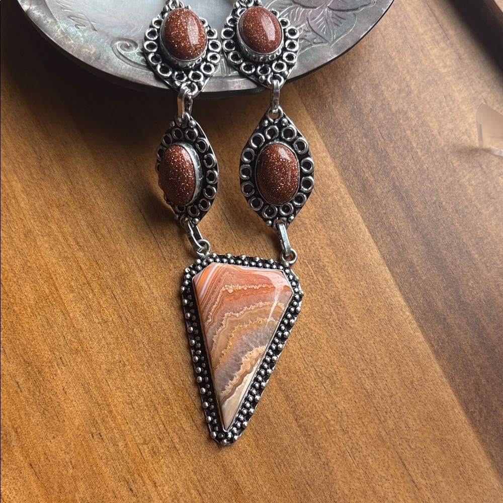 Dendritic Jasper and Goldstone Stone Necklace in 925 plated silver.  18” length
